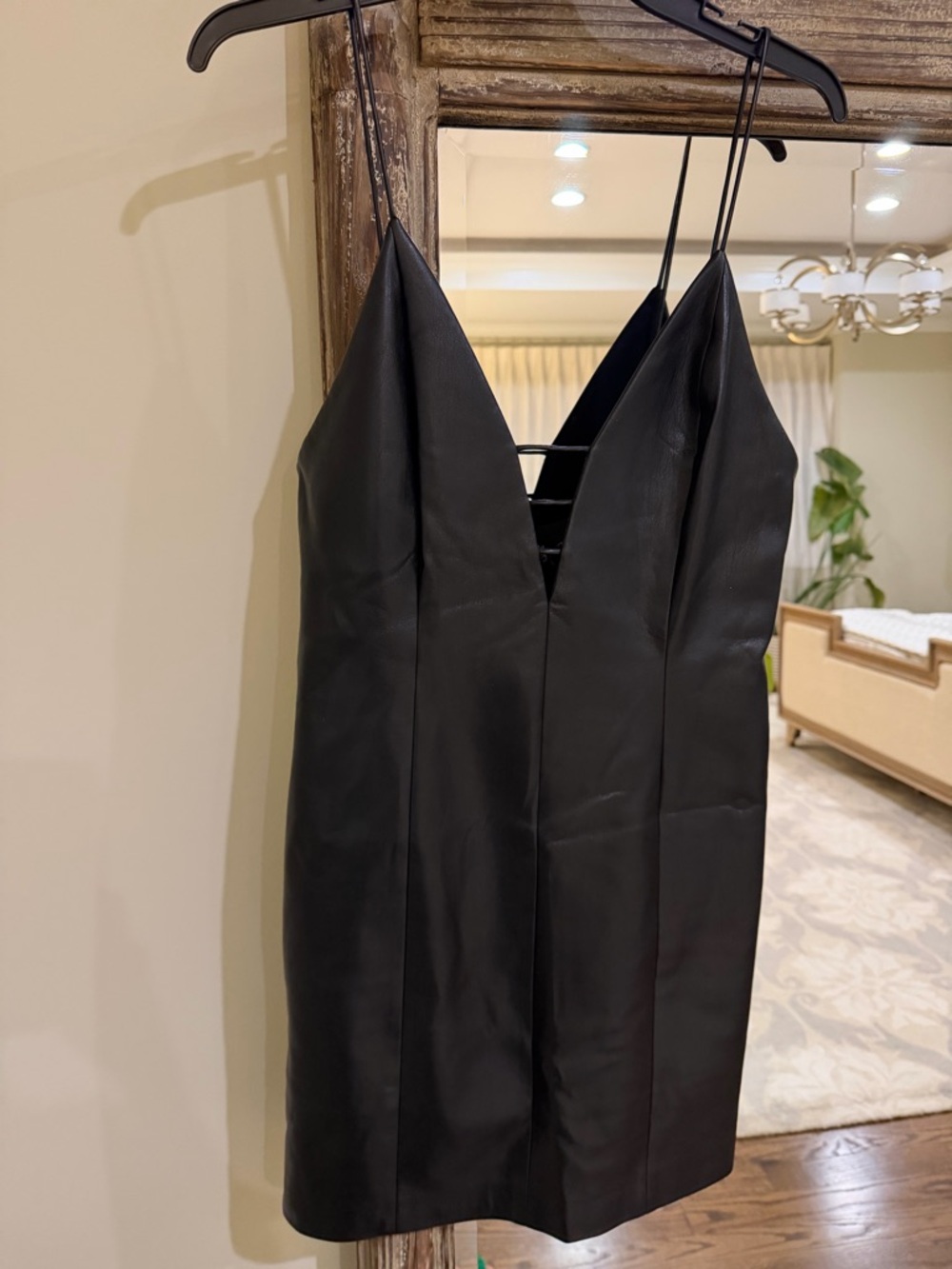 Alice + Olivia Black Faux Leather Mini Slip Dress with Spaghetti Straps